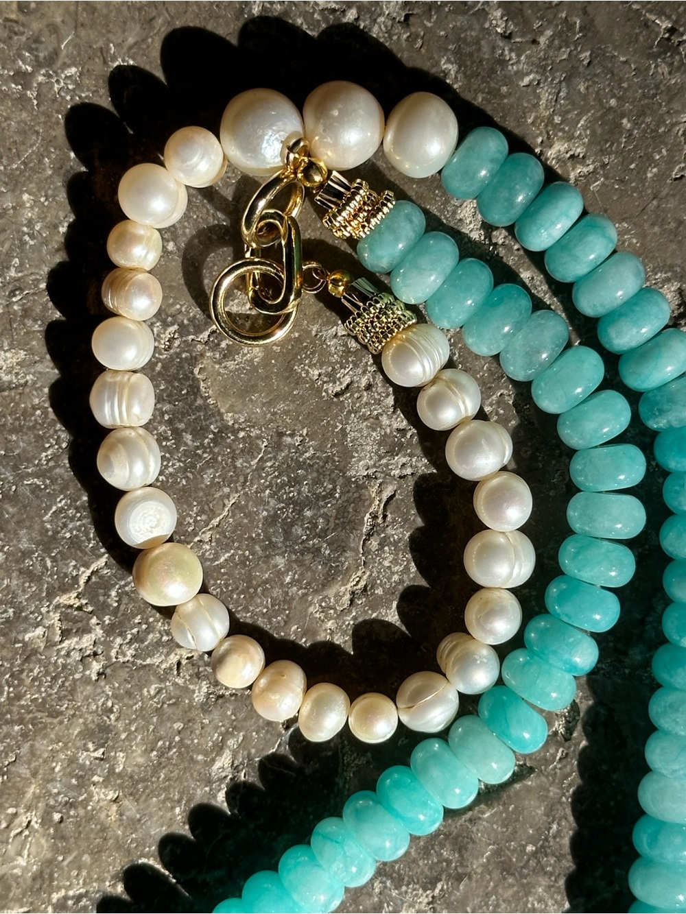 Free People Pearl and Aqua Bead Bracelet with Gold Accents